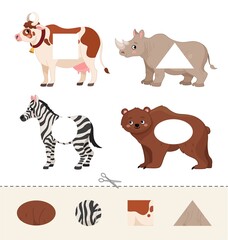 Education paper game for preshool children. We study geometric shapes. Cut and glue. Cartoon animals.
