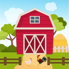 Wall murals Illustration of a farm landscape in cartoon style. Red barn on the field. Farm scene with  cock and hen. 