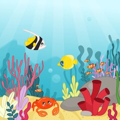 Illustration of a undersea world
 landscape in cartoon style. Tropical fish swim among corals and algae.
