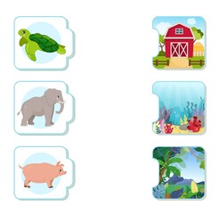 Matching children educational game. What do animals live?. Activity for pre sсhool years kids and toddlers. Animals and their homes.