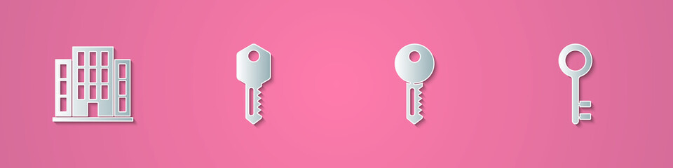 Set paper cut House, key, and icon. Paper art style. Vector