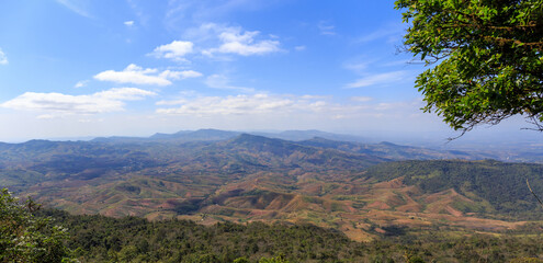 Panorama photo of landscape of mountain in the forest with blue sky and white clouds in Thailand, Asia. at day time.