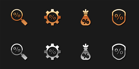 Set Magnifying glass with percent, Gear, Money bag and Loan icon. Vector