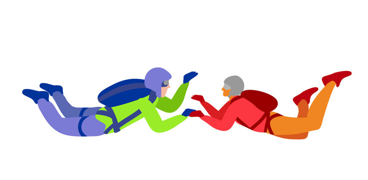Free fall. Skydiving hobby, couple falling in love metaphor. Couple parachute jump. Man and woman in flying vector illustration