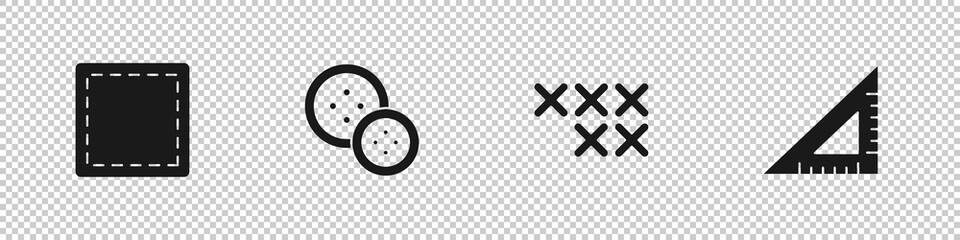 Set Sewing Pattern, button, Adjustable embroidery hoop and Triangular ruler icon. Vector