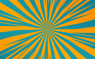 Pop art radial colorful comics book magazine cover. Striped orange and blue digital background. Cartoon funny retro pattern strip mock up. Vector halftone illustration. Sunburst, starburst shape