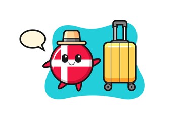 denmark flag badge cartoon illustration with luggage on vacation