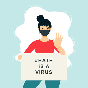 Stop Asian Hate‬‬. Hashtag to support asian community during the covid-19 pandemic. Stop racism. woman wearing protective face mask and holding banner against bullying, hate and violence.