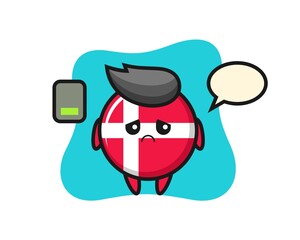 denmark flag badge mascot character doing a tired gesture
