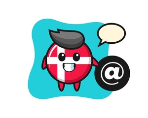 Cartoon Illustration of denmark flag badge standing beside the At symbol