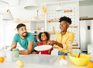 family child kitchen food daughter mother father cooking preparing pancake breakfast happy together dessert fun - obrazy, fototapety, plakaty