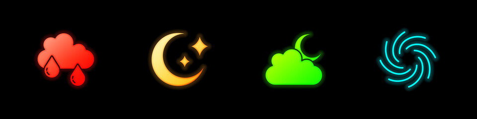 Set Cloud with rain, Moon and stars, moon and Tornado icon. Vector