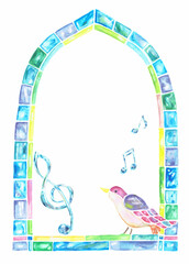 ガラスのフレーム　ガラスのト音記号　ガラスの音符　鳥
