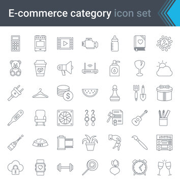 Shop category outline icons set. Shopping and e-commerce thin line icons