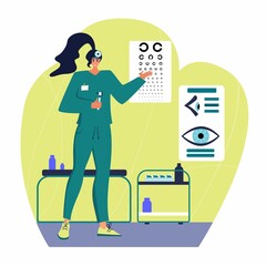 Optical eyes test illustration. Ophthalmology concept. Ophthalmologist checks patient sight.