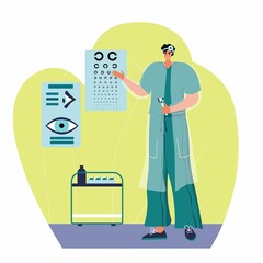 Optical eyes test illustration. Ophthalmology concept. Ophthalmologist checks patient sight.
