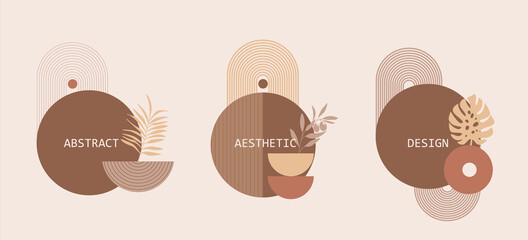 Set of modern abstract aesthetic illustrations. Simple balance geometric shapes for prints in boho aesthetic interior. Terracotta colors. Contemporary home wall decor.Vector. illustration. © tandav