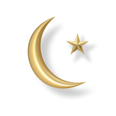 Vector gold crescent moon and gold star with outer shadows.