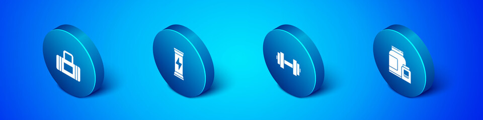 Set Isometric Sport bag, Dumbbell, Sports nutrition and icon. Vector