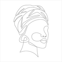 Line art portrait of African American woman in turban. Continuous one line drawing woman face with hairdress for logo, banner, print, tattoo, poster. Vector illustration