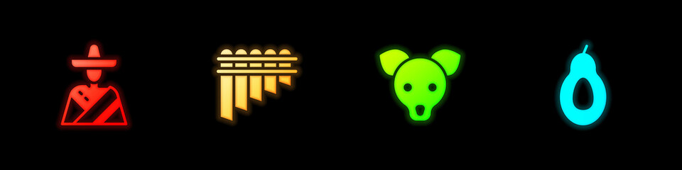 Set Mexican man sombrero, Pan flute, Dog and Avocado icon. Vector