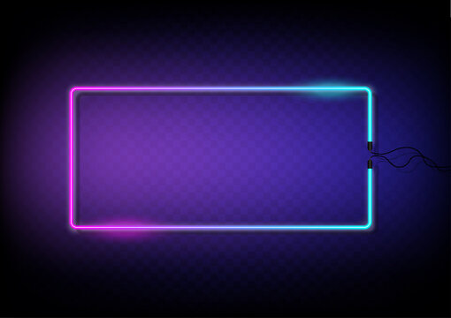 Neon color light frame. Retro rectangle fluorescent for wall frame with electric wire. Object on transparent background vector. Neon line in graphic style.