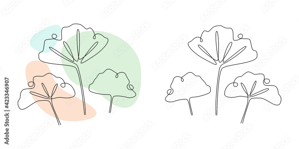 Poster Vector Ginkgo biloba leaves in line art style. Continuous one line drawing with abstract pastel shape. Minimalistic and natural wall art. Vector illustration
