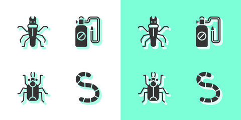 Set Worm, Termite, Beetle bug and Pressure sprayer icon. Vector