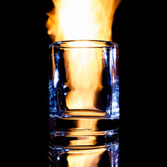 empty glass of brandy on fire, isolate