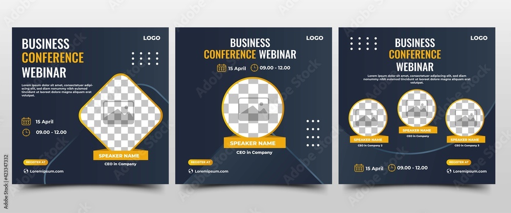 Wall mural Collection of Webinar social media post. Modern banner with dark blue background and yellow accents. Suitable for business webinar, conference announcements, and online seminar. Vector design isolated