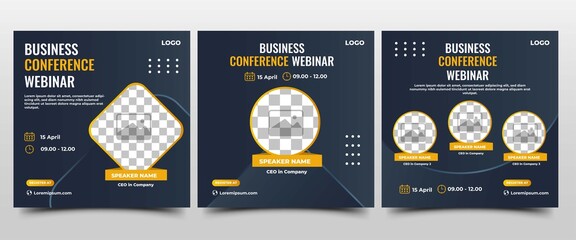 Collection of Webinar social media post. Modern banner with dark blue background and yellow accents. Suitable for business webinar, conference announcements, and online seminar. Vector design isolated