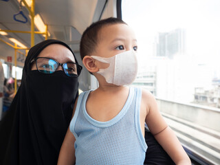 Asian child wearing white face mask to prevent Coronavirus