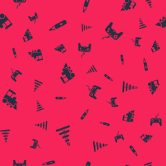 Set Pyramid toy, Marker pen, Toy train and Gamepad on seamless pattern. Vector