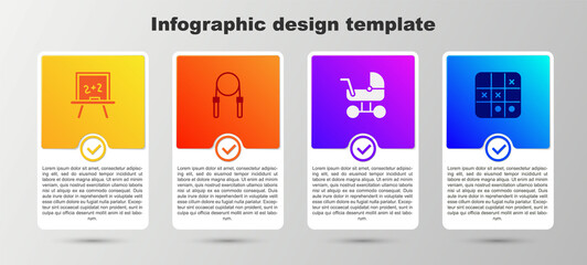 Set Chalkboard, Jump rope, Baby stroller and Tic tac toe game. Business infographic template. Vector