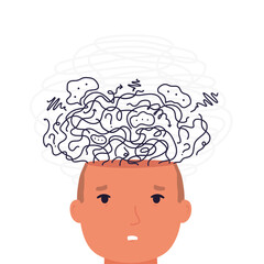 Man with mental disorder in confusion thoughts. Concept  anxiety in head, depression and search answers.
