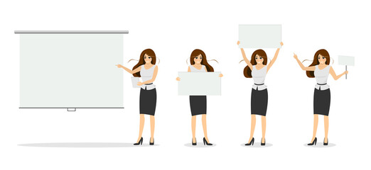 Businesswoman with blank white banner set. Beautiful business woman character pointing on presentation screen. Successful female manager holding posters and showing empty nameplate placard. Vector