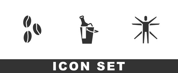 Set Coffee beans, Bottle wine in bucket and Vitruvian Man icon. Vector