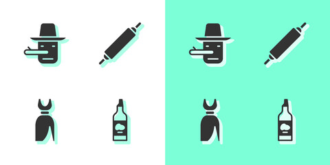 Set Bottle of olive oil, Pinocchio, Woman dress and Rolling pin icon. Vector