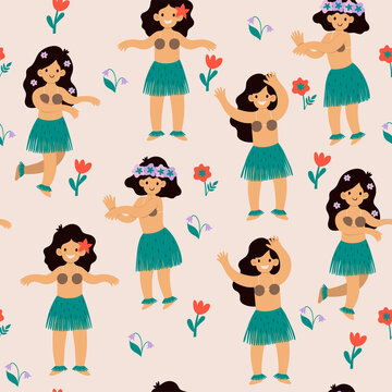 Seamless pattern with cute Hawaiian girls. Vector graphics.