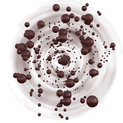 Sweets and coffee. White background with foam and flying chocolate balls. Sweet bubbles. 3d illustration

