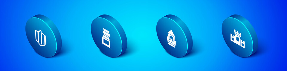 Set Isometric Shield, Castle tower, Castle, fortress and Poison in bottle icon. Vector