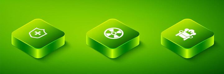 Set Isometric Round wooden shield, Medieval throne and Shield icon. Vector