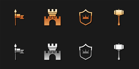 Set Medieval spear, Castle, fortress, Shield with crown and Hammer icon. Vector