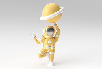 3d Render Spaceman Astronaut Hand Up Rock Gesture with Holding Planet Jupiter 3d illustration...
