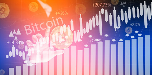 Businessman is touch a bitcoin as part of a business network on blue background. bitcoin cryptocurrency ideas concept and virtual financial chart diagram,Digital symbol of a new virtual currency