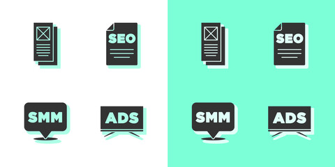 Set Advertising, Browser window, Social media marketing and SEO optimization icon. Vector