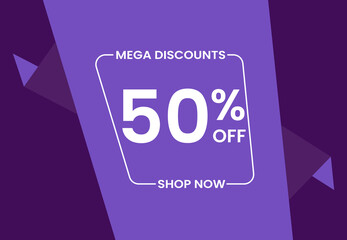 Mega Discounts 50% Off Shop Now. 50 percent Discount sale modern banner vector illustration