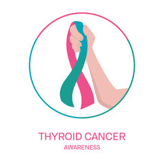 Thyroid cancer awareness poster with a teal, pink and blue ribbon in a hand on white background. Endocrine disease symbol for January awareness month. Medical concept. Vector illustration.