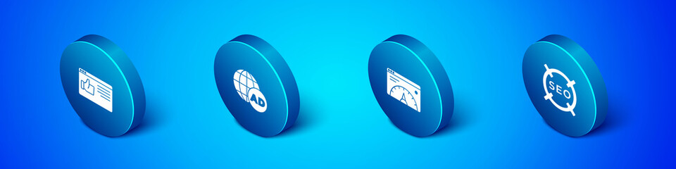 Set Isometric Browser window, Website statistic, SEO optimization and Advertising icon. Vector
