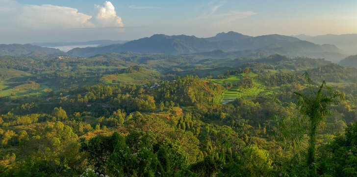 Morning landscape panorama from Golo Curu hill near Ruteng, Manggarai regency, Flores island, East Nusa Tenggara, Indonesia